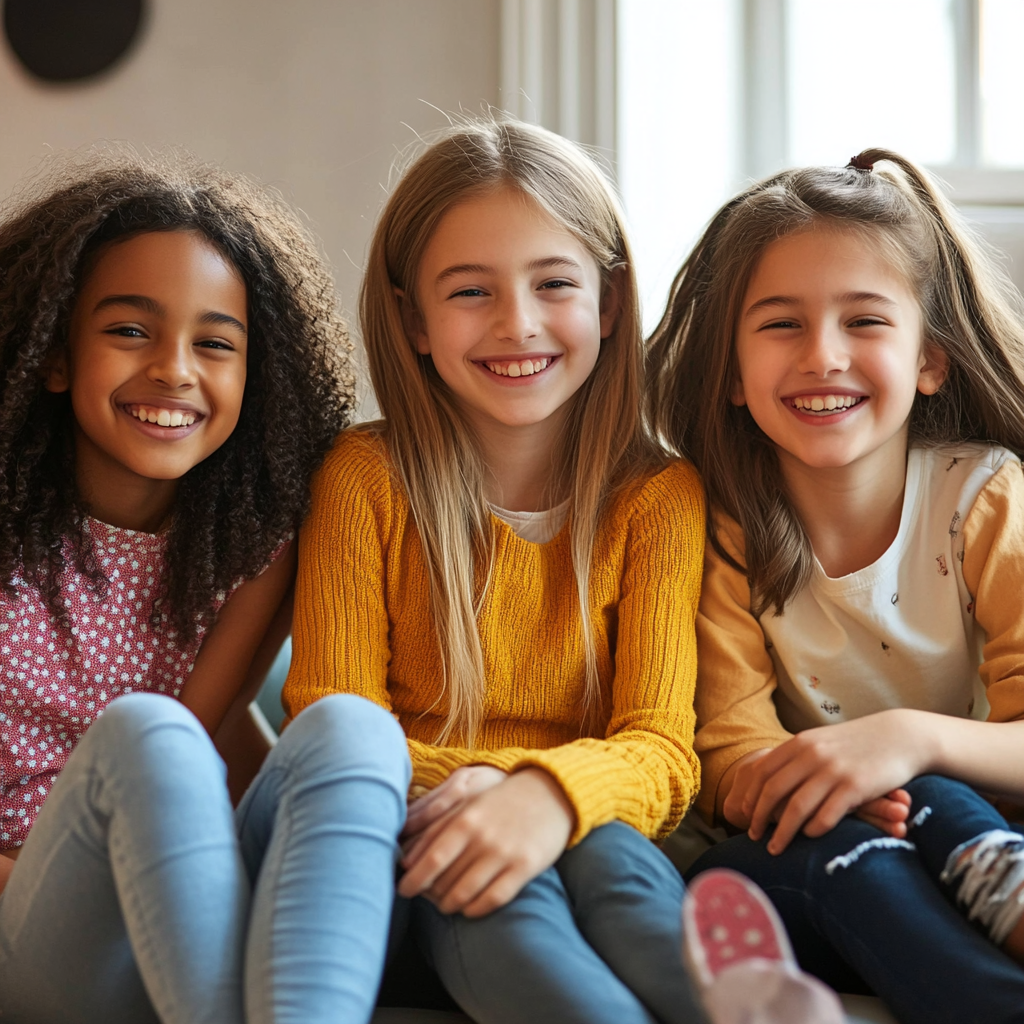 Three smiling young girls sitting closely together indoors, wearing casual colorful clothing.