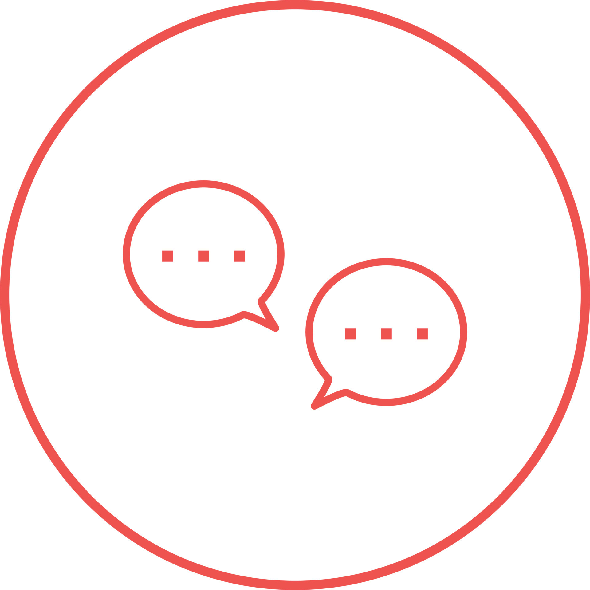 Red outlined icon of two speech bubbles with ellipses inside, enclosed in a red circle.
