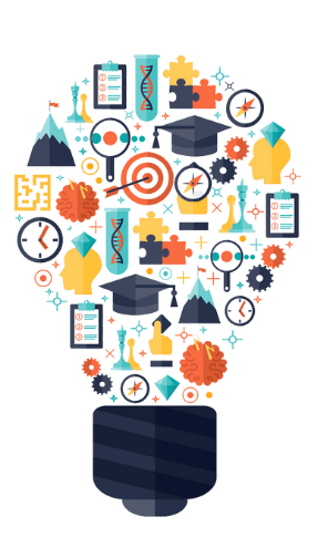 Light bulb composed of education, science, and technology icons including graduation caps, DNA strands, gears, brains, and graphs.