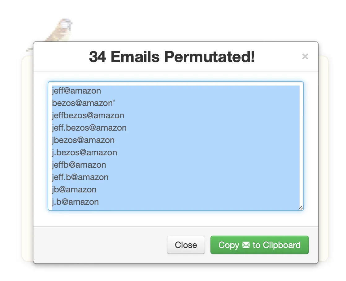 A screenshot of a web page with the email permuted button highlighted.