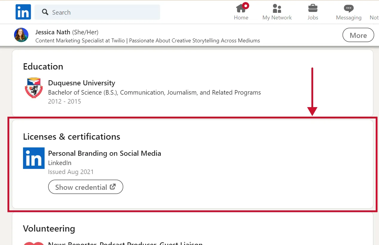 LinkedIn Certificate displayed in Education section