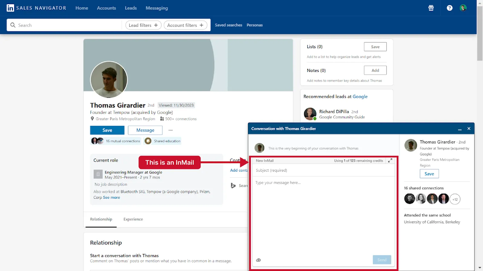 Screenshot of an InMail