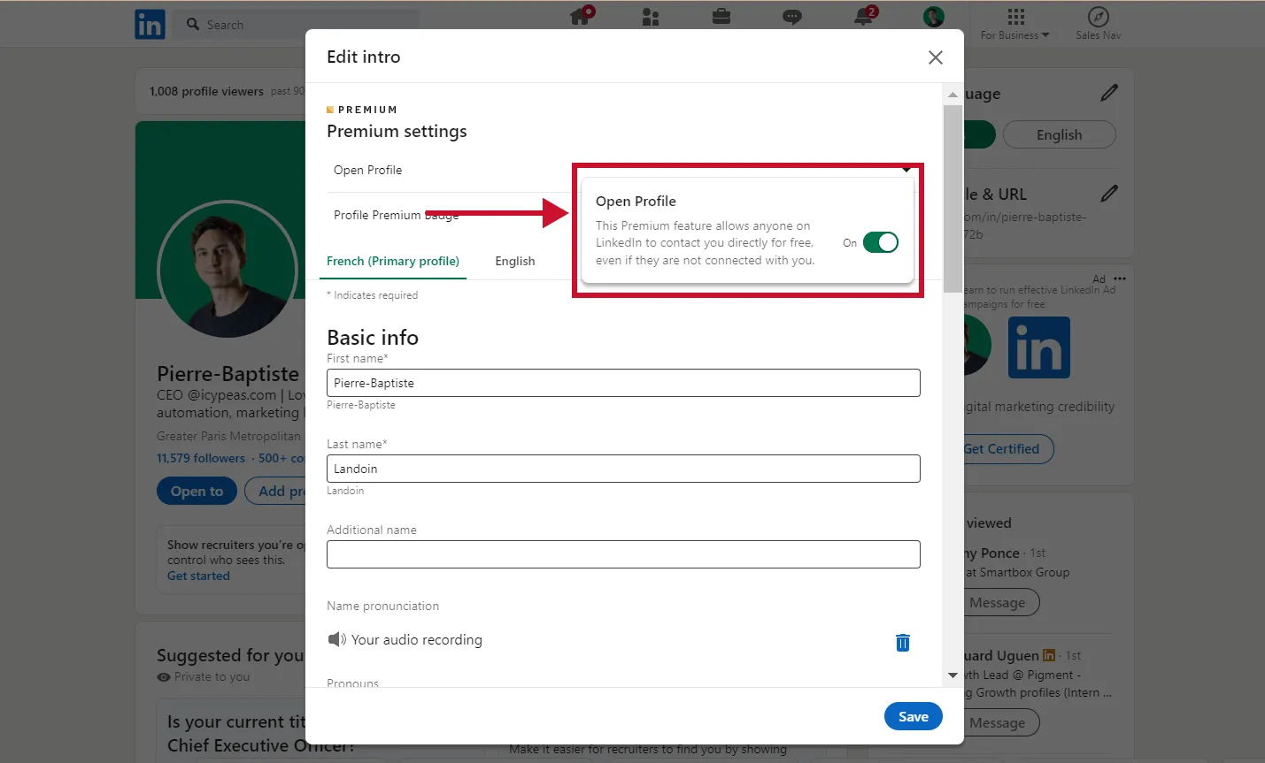 Screenshot about open profile activation