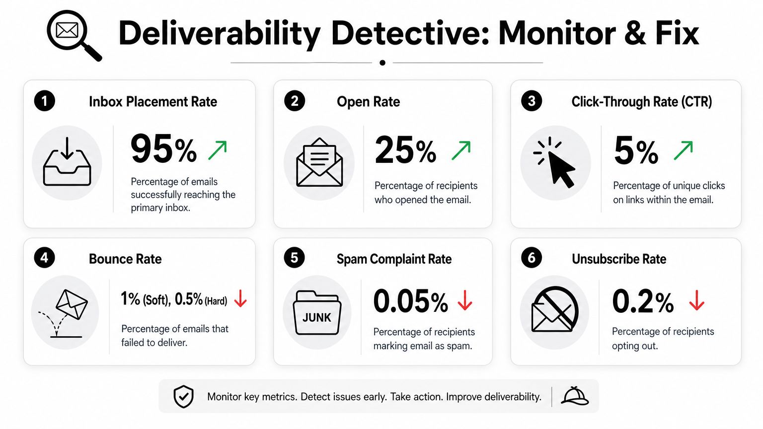 A diagram titled Deliverability Detective highlighting six key email marketing metrics for monitoring and improving sender performance.