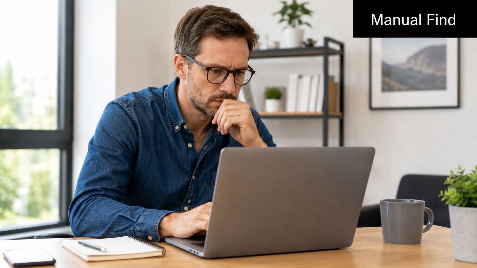 A professional man with glasses sitting at a wooden desk while working on his grey laptop.