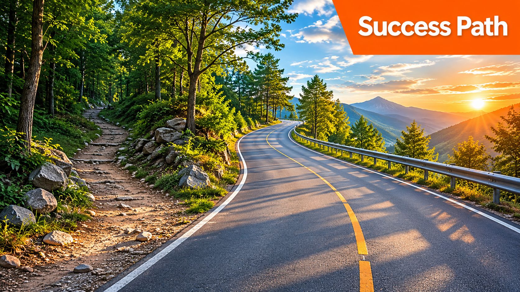 A scenic winding asphalt road beside a rustic dirt trail heading toward mountains during a golden sunrise.