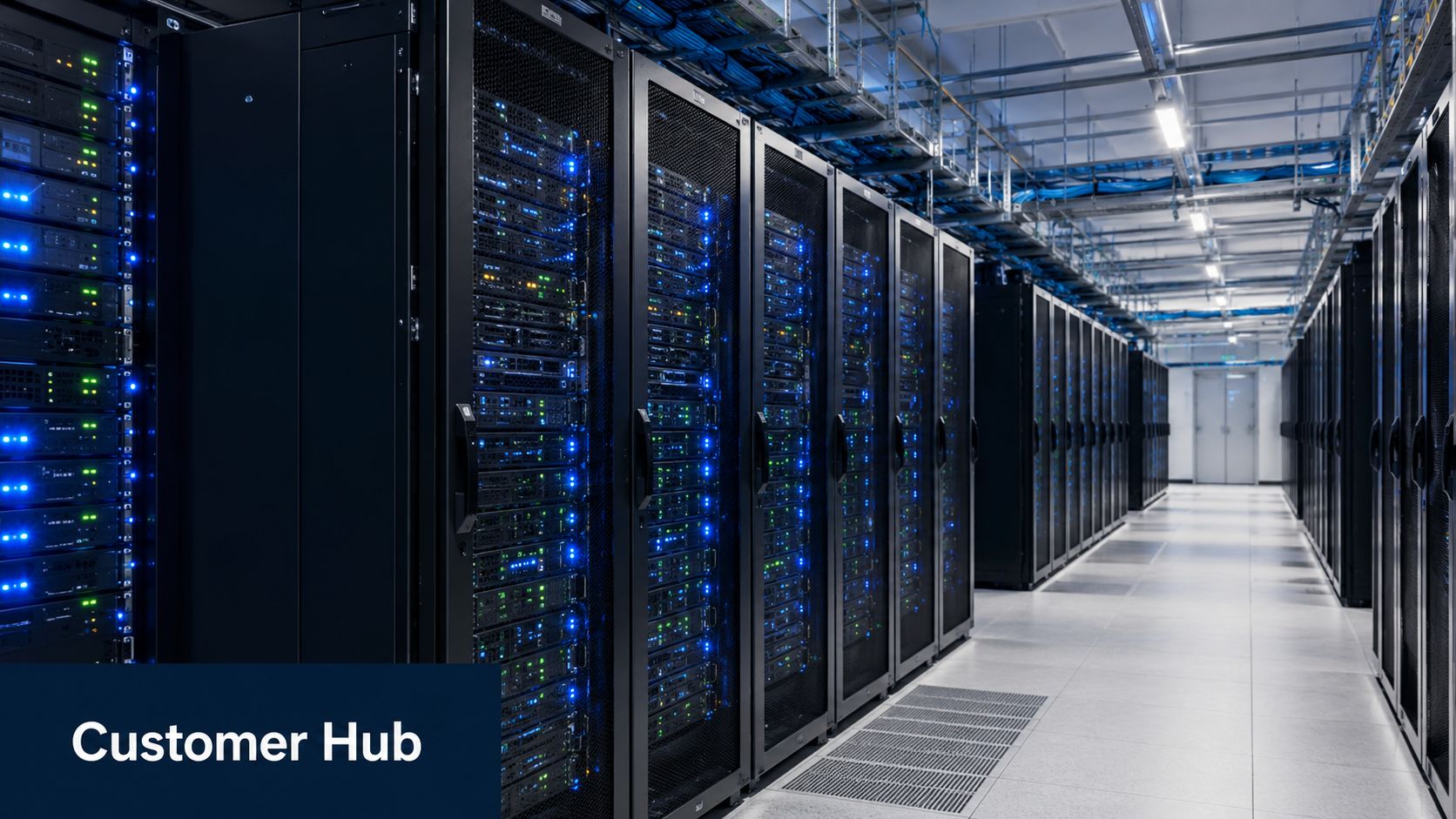 Rows of server racks with blinking lights inside a modern, well-lit professional data center facility.