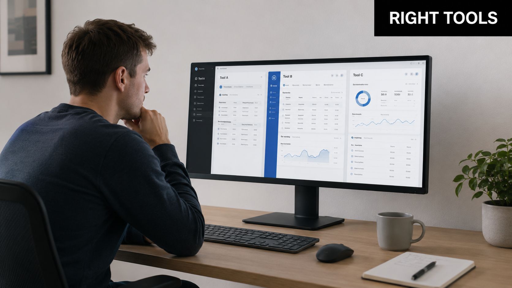 A man sitting at his desk working on a wide computer monitor displaying software tools and analytics.