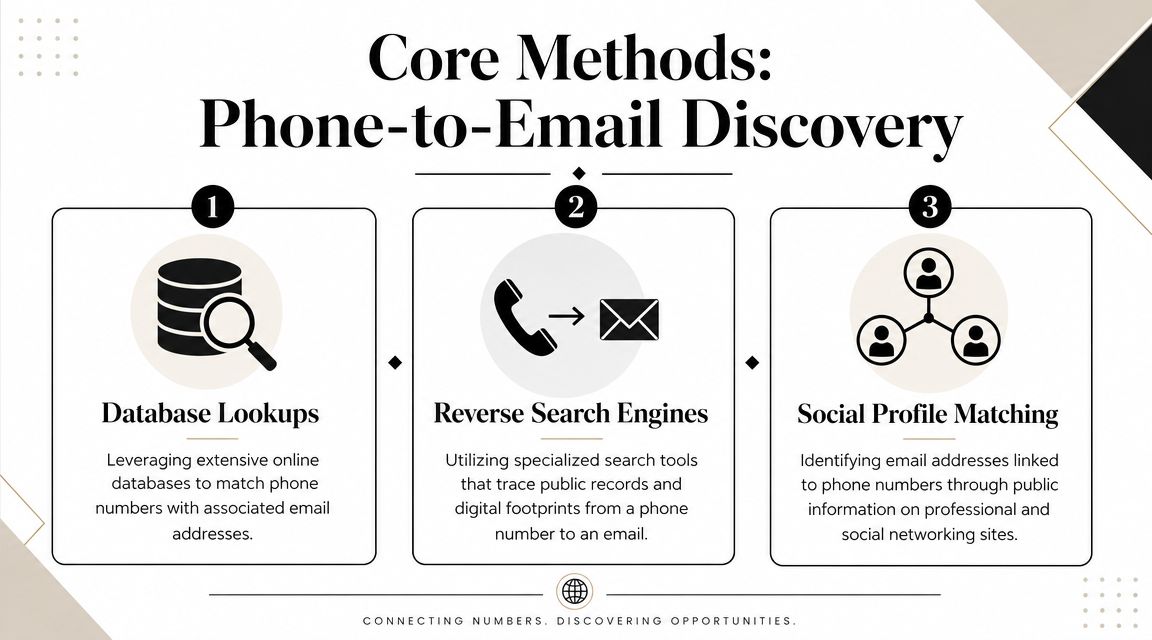 A graphic illustration detailing three core methods for discovering email addresses using phone numbers.