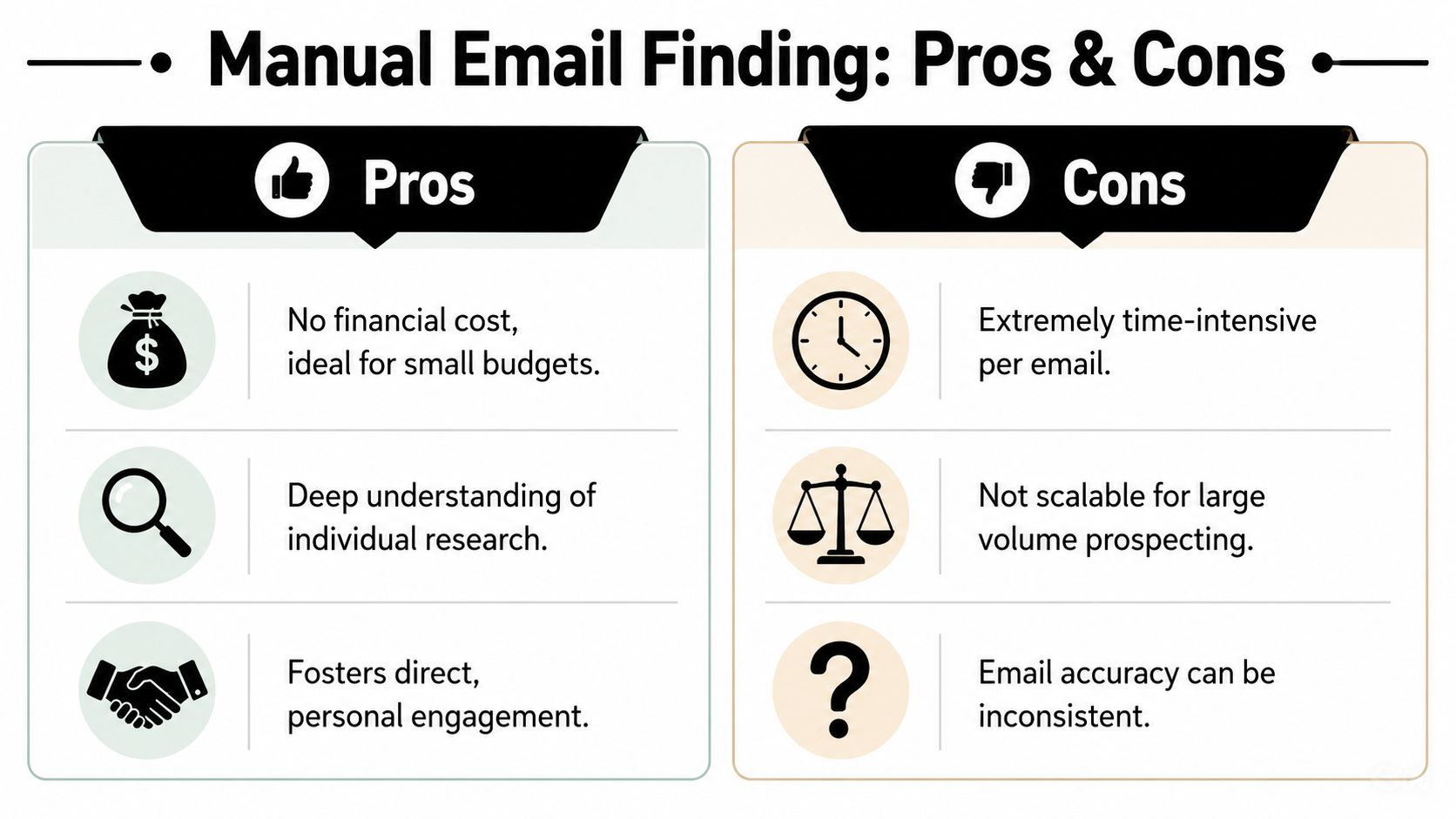 A comparison chart showing the pros and cons of manual email finding for business prospecting.