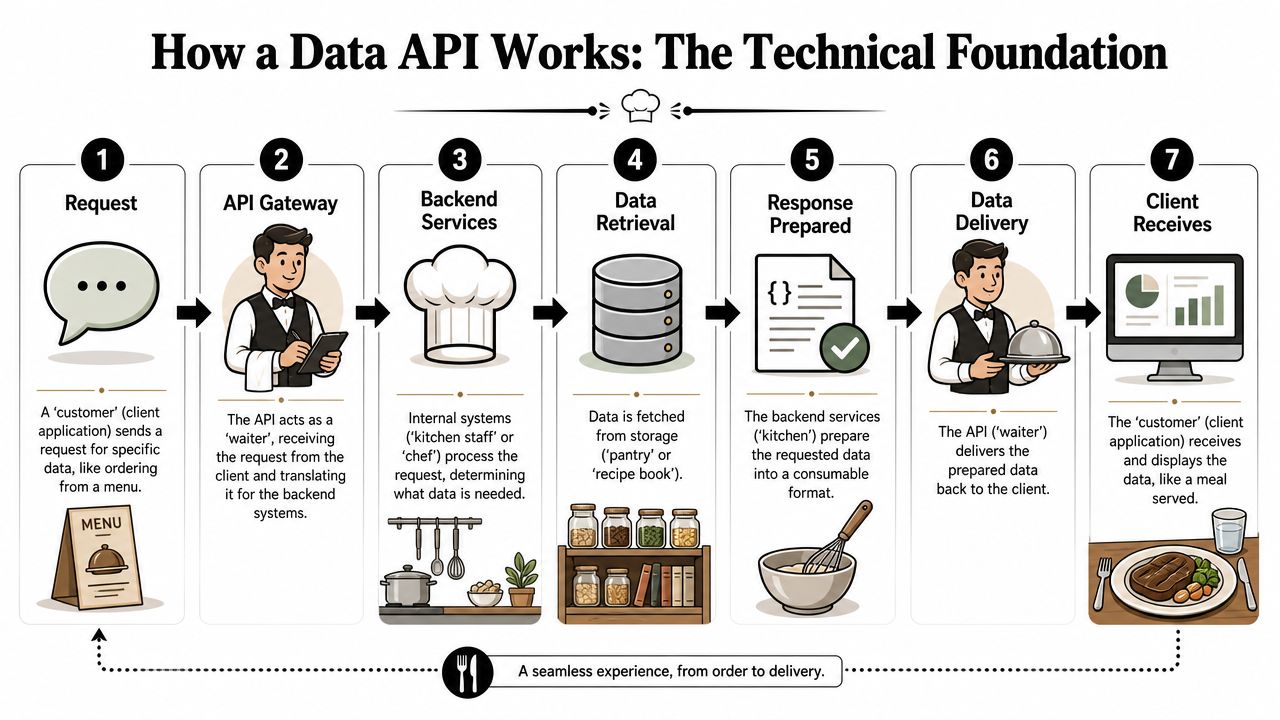 A seven-step diagram explaining how a data API works using a restaurant and waiter service analogy.