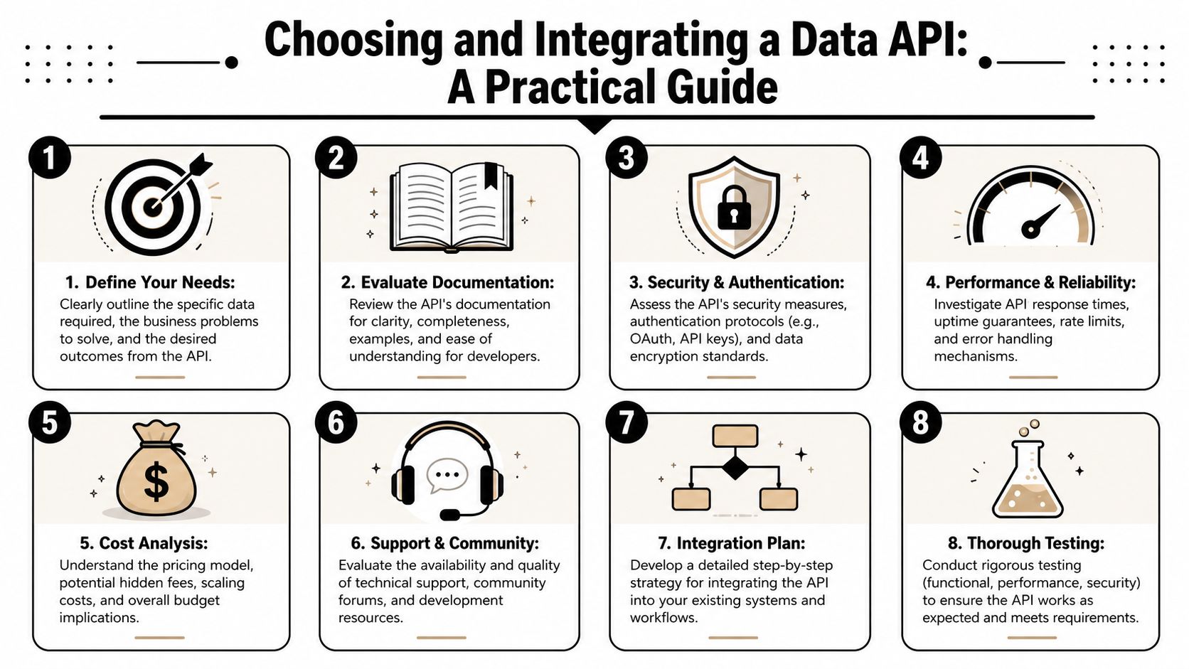 An infographic titled Choosing and Integrating a Data API illustrating eight steps for successful implementation.