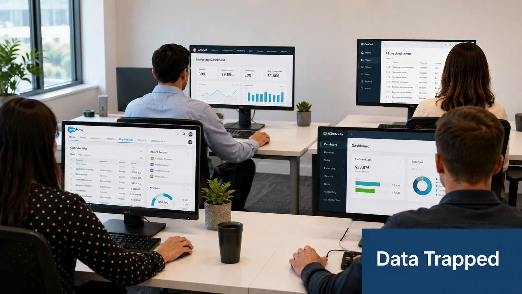 A group of office workers at their desks, each focusing on a different software dashboard for data management.