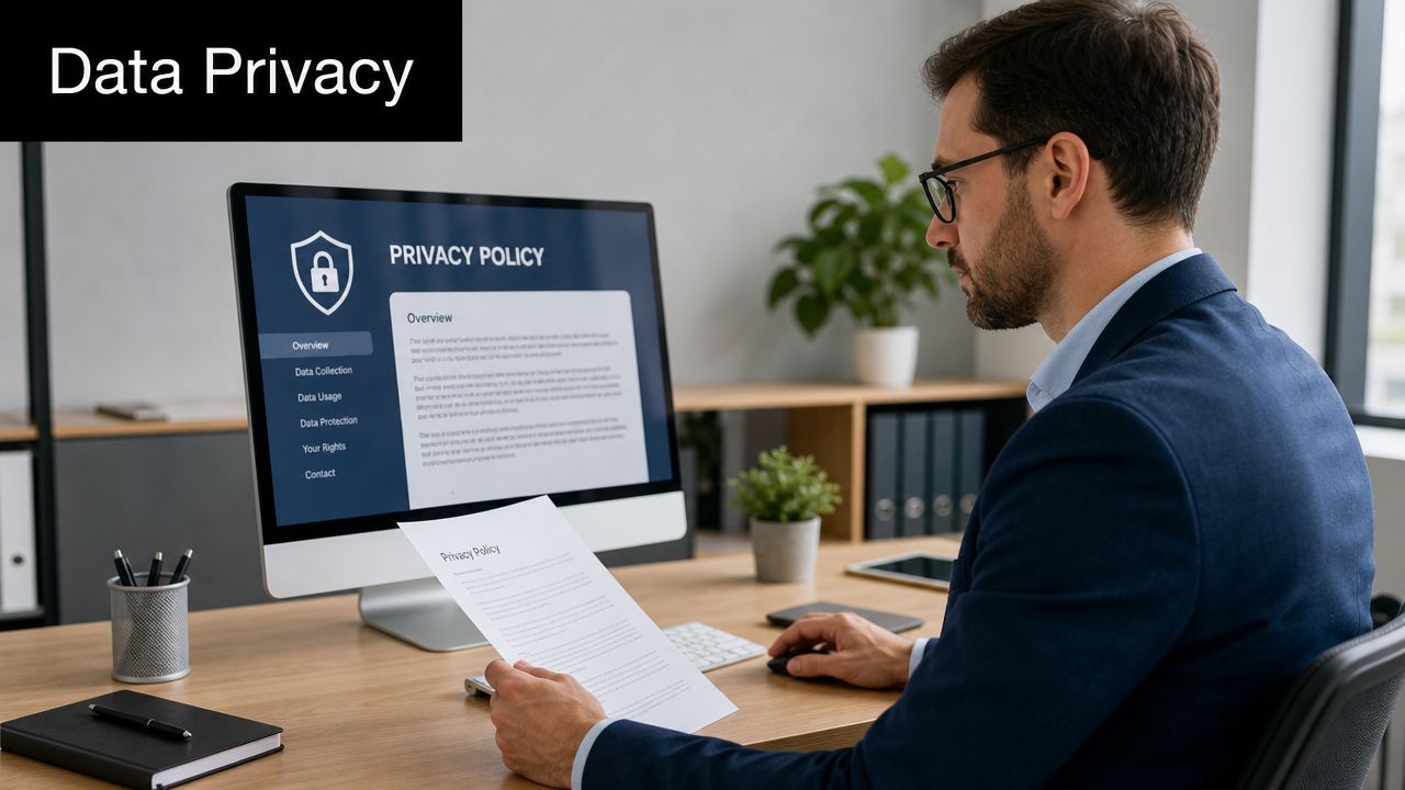 A professional man in a business suit reviewing a privacy policy document at his modern office desk.