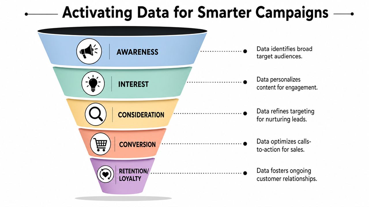 A marketing funnel diagram showing how data is used to improve campaigns from awareness to customer retention.