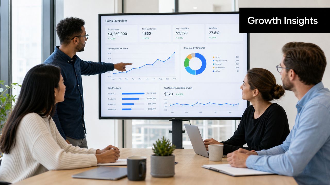 A professional team in a meeting room looking at a data dashboard on a large display screen.