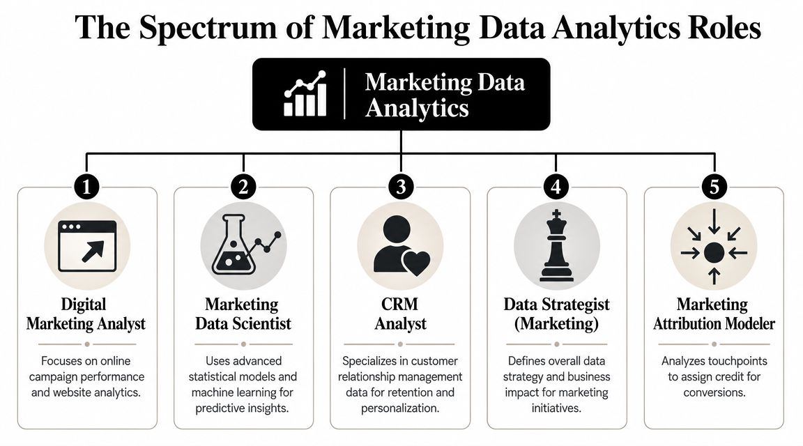 An infographic showing five distinct roles within the field of marketing data analytics and their descriptions.