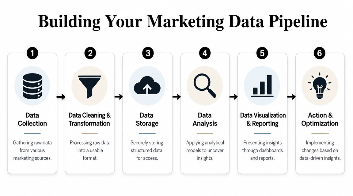A six-step marketing data pipeline diagram showing data collection, cleaning, storage, analysis, visualization, and optimization processes.