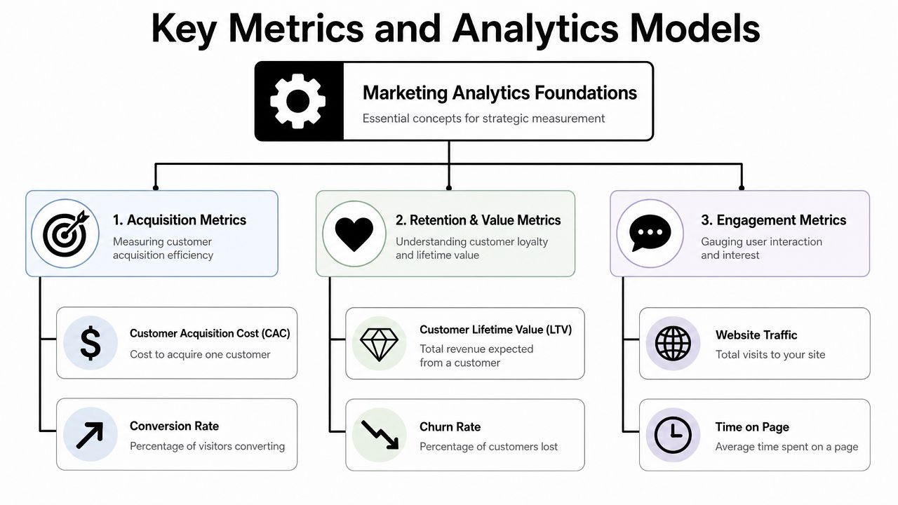 A diagram outlining key marketing analytics metrics including acquisition, retention, value, and engagement metrics.