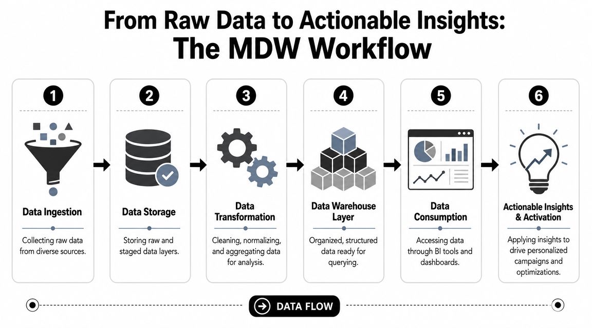 A six-step diagram illustrating the MDW workflow from raw data ingestion to generating actionable marketing insights.