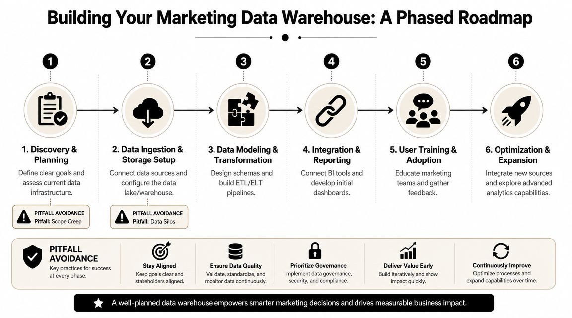 A six-step phased roadmap infographic for building a marketing data warehouse to improve business data strategy.