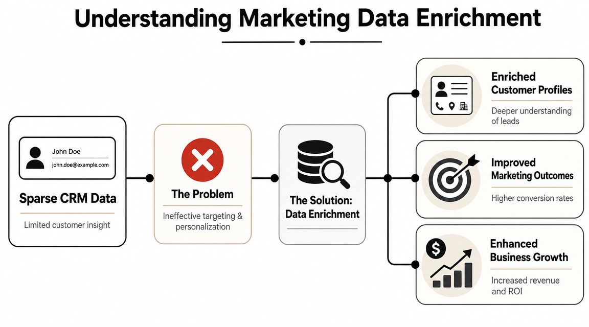 A diagram illustrating how data enrichment transforms sparse CRM data into actionable customer insights and business growth.