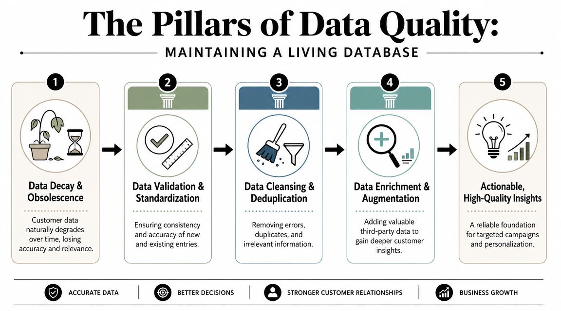 An infographic showing the five pillars of data quality for maintaining a living marketing database.