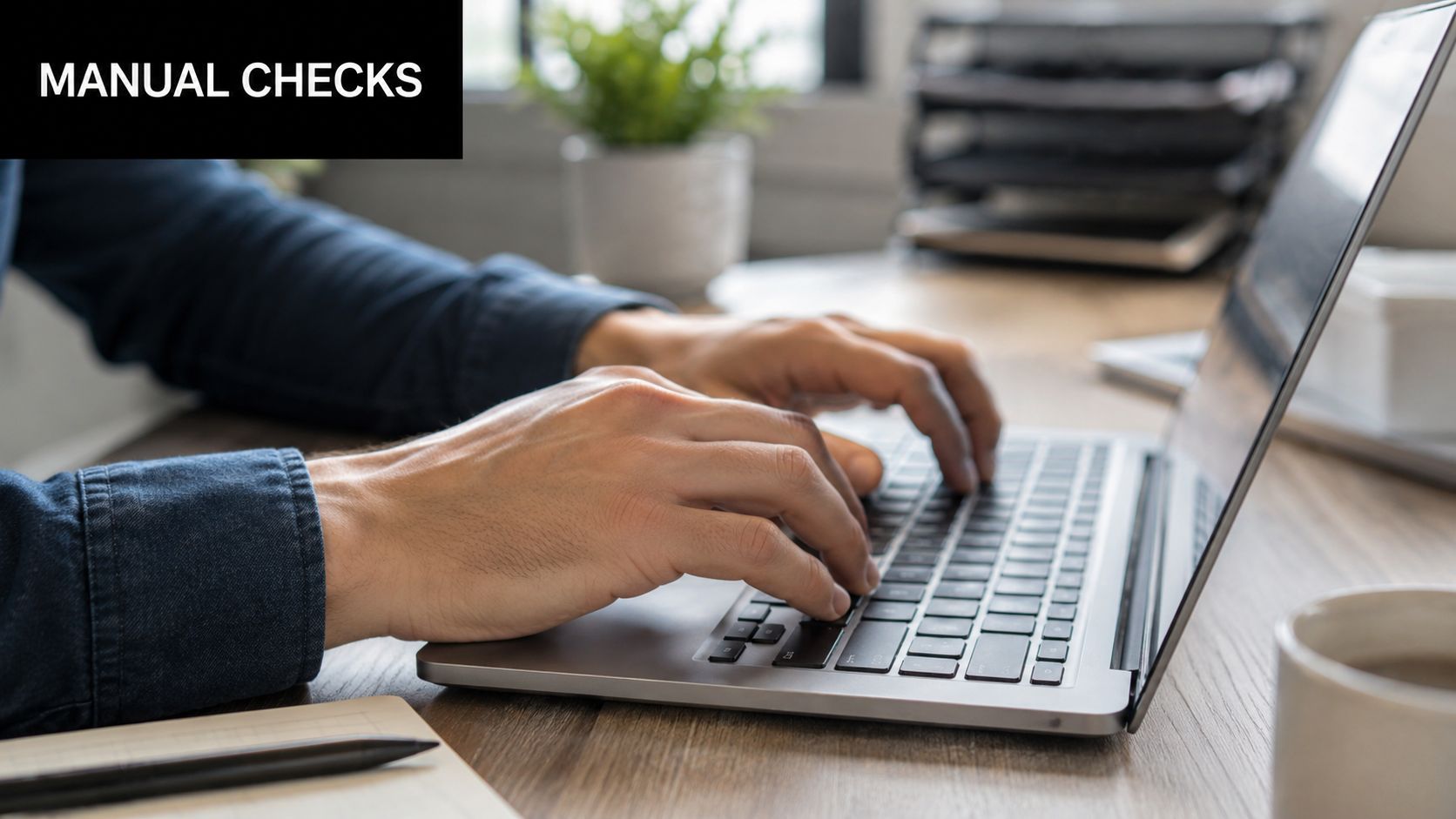 A close-up view of hands typing on a laptop keyboard at a wooden desk while working remotely.