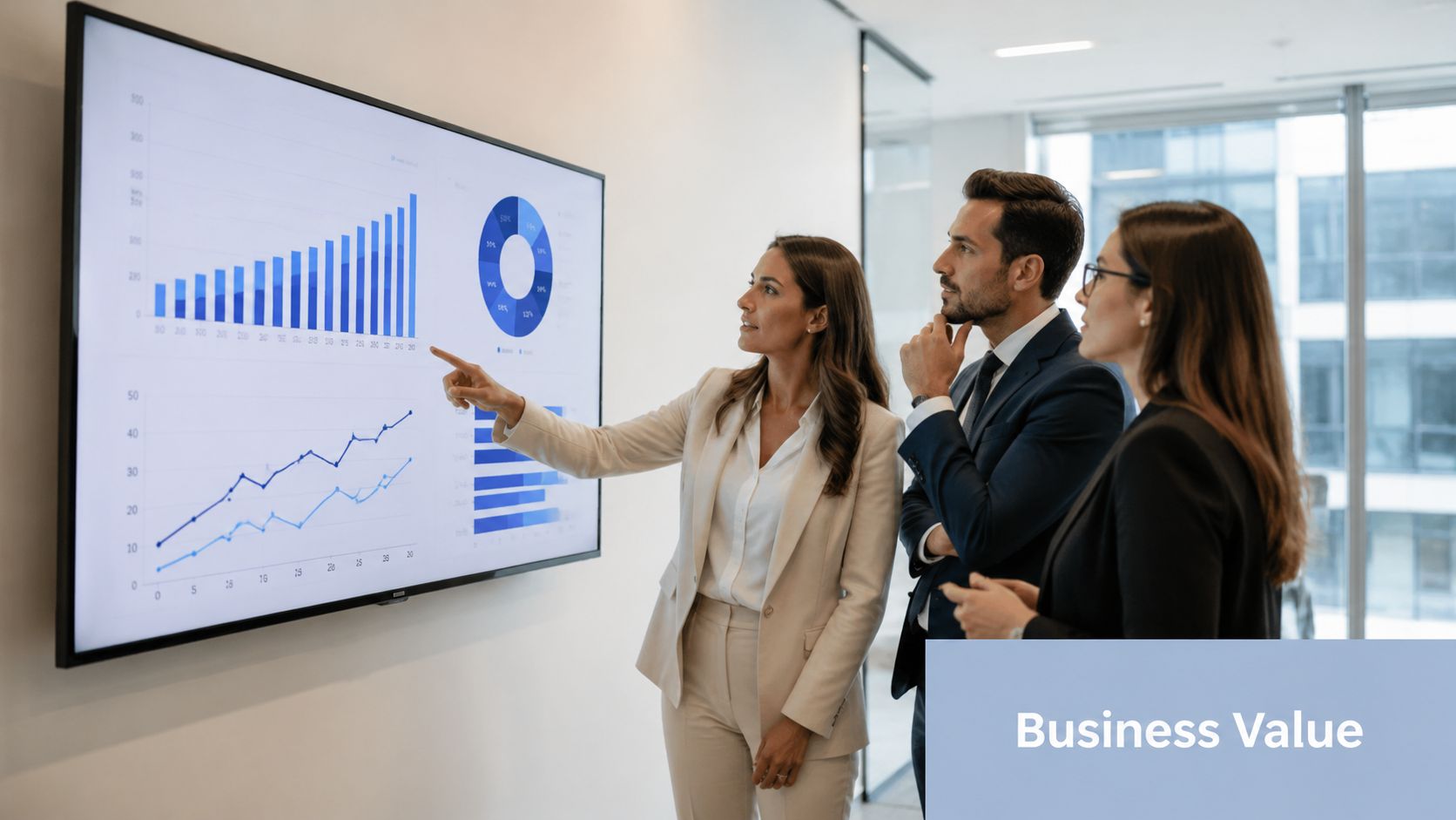 A professional team reviewing business data and charts on a large digital screen in a modern office.