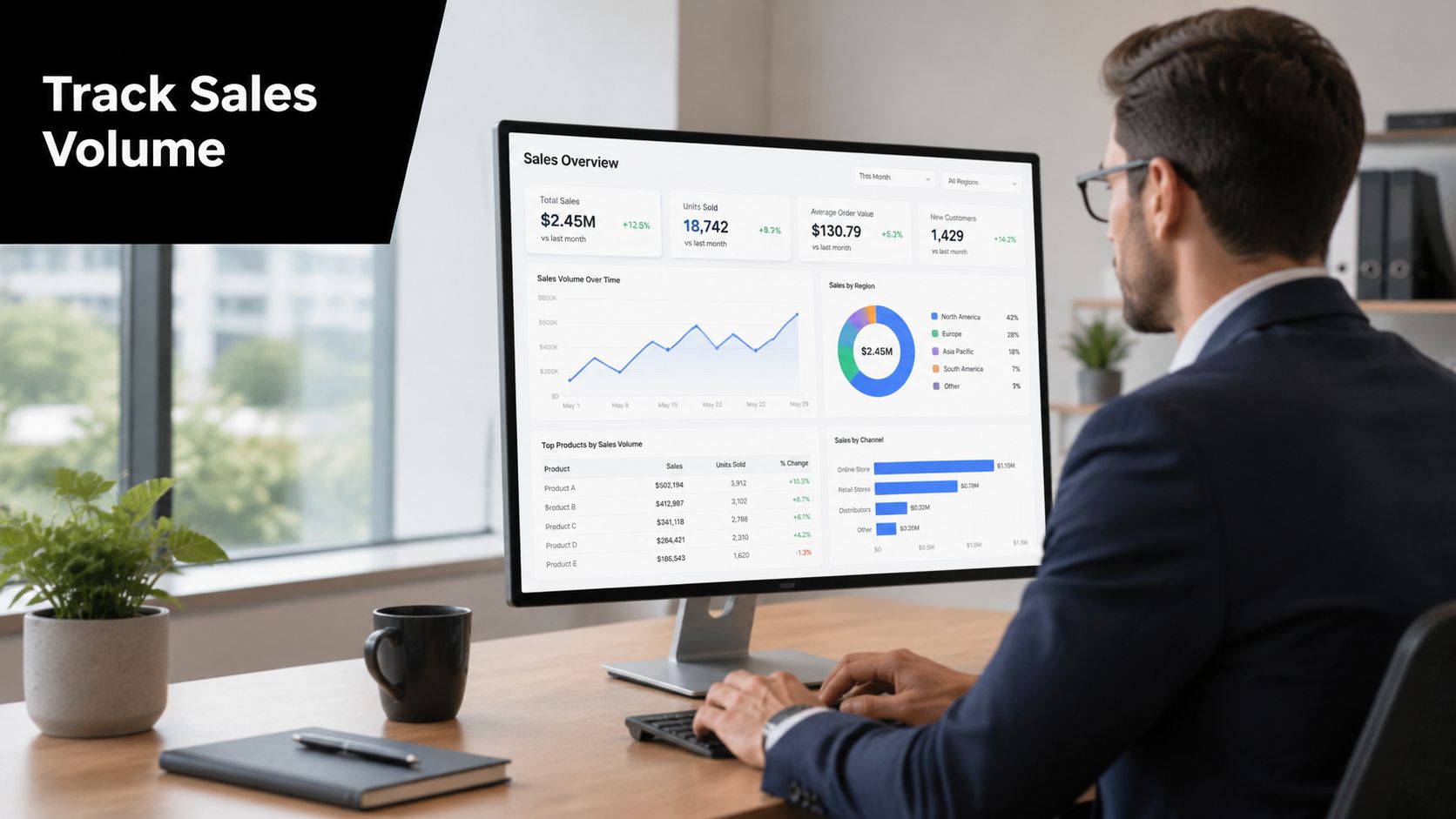 A professional man at a desk monitoring sales data analytics on a large computer screen dashboard.