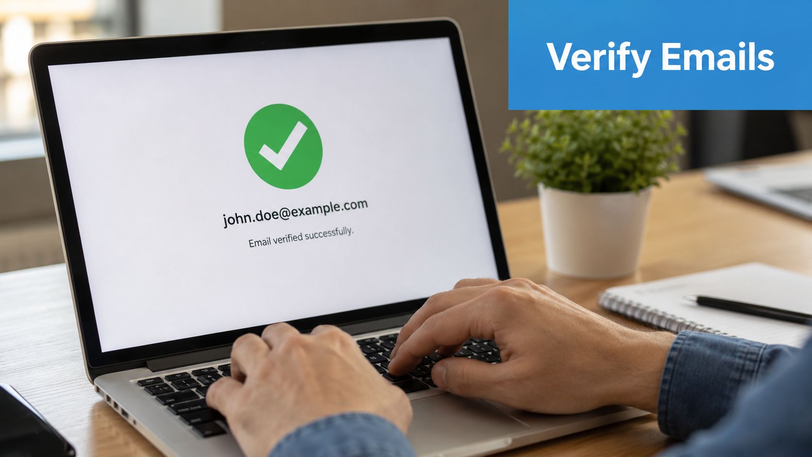 A person using a laptop to successfully verify an email address with a green checkmark displayed.