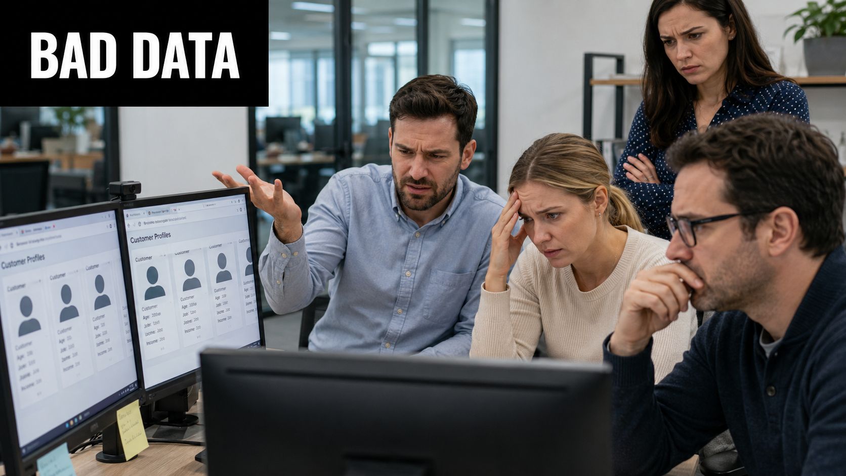 A team of frustrated colleagues gathered around computer monitors feeling stressed by inaccurate business data analytics.