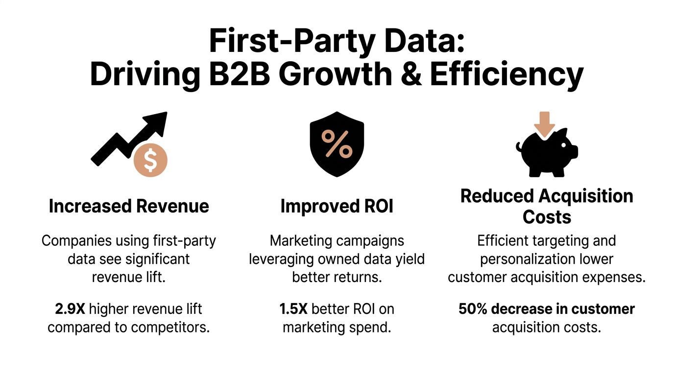 An infographic showing how first-party data drives B2B growth, increased revenue, improved ROI, and reduced acquisition costs.