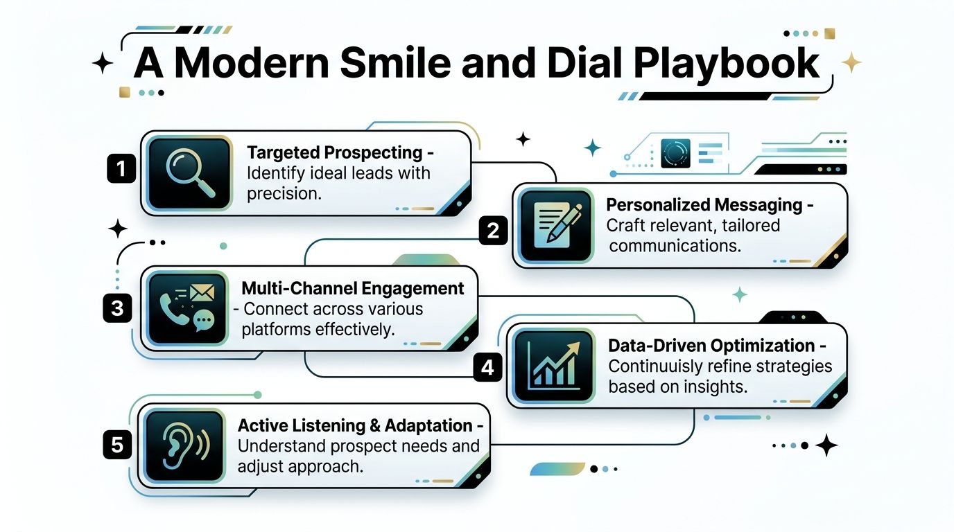 A structured infographic illustrating the five key steps of a modern smile and dial sales playbook.