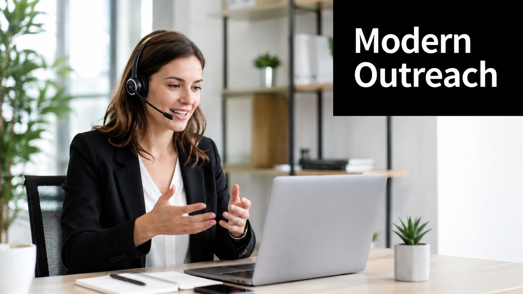 A professional woman wearing a headset and black blazer smiles while talking during a video conference call.