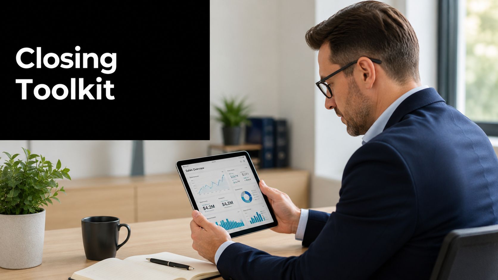 A professional man in a business suit reviewing sales data on a tablet in an office.