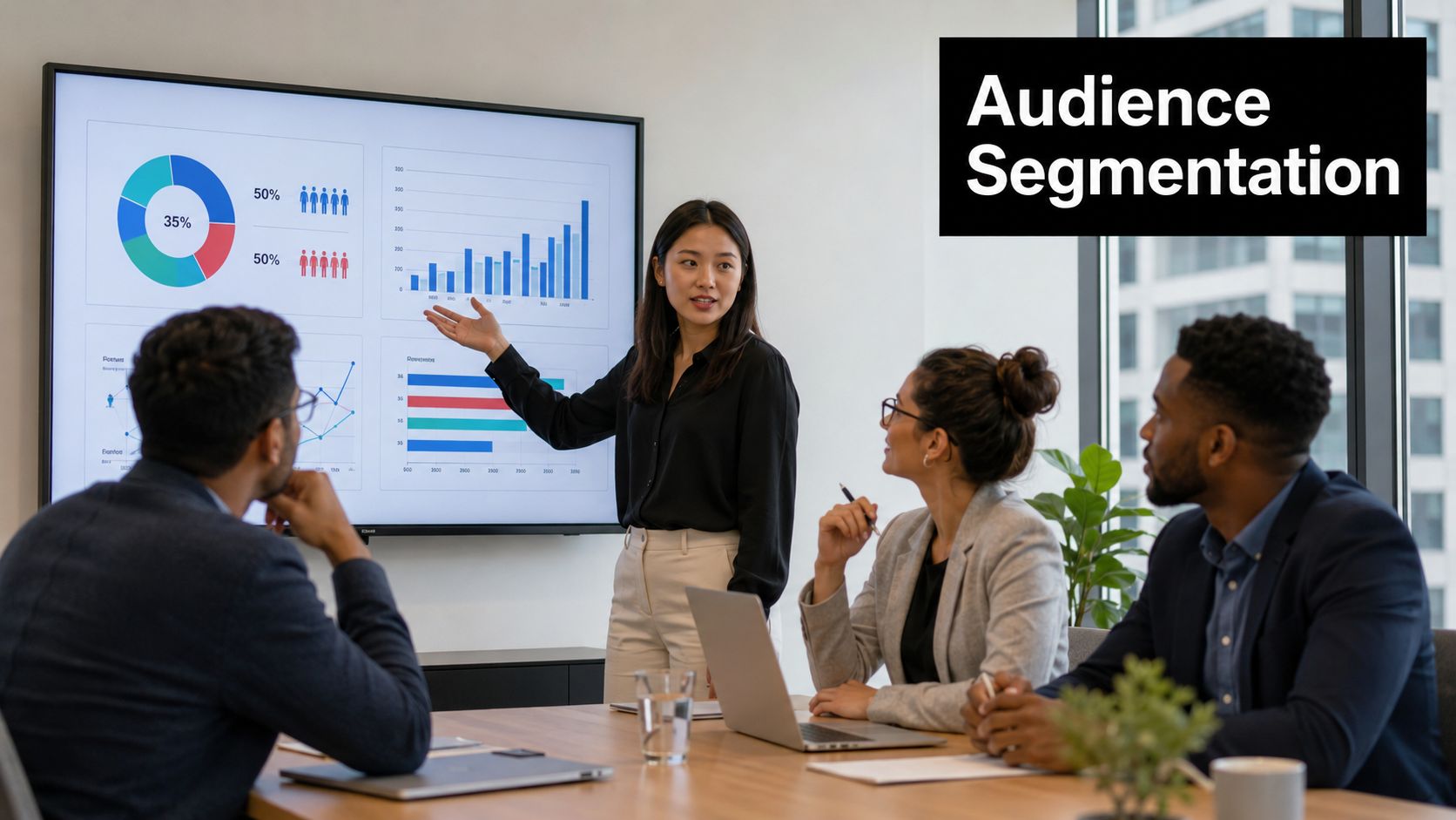 A professional woman presenting audience segmentation data on a screen to colleagues in a conference room meeting.