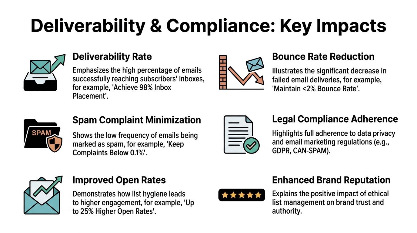 An infographic titled Deliverability & Compliance: Key Impacts showing benefits like improved open rates and compliance.