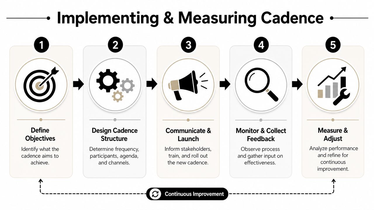 A five-step flowchart illustrating the process of implementing and measuring a business cadence for continuous improvement.