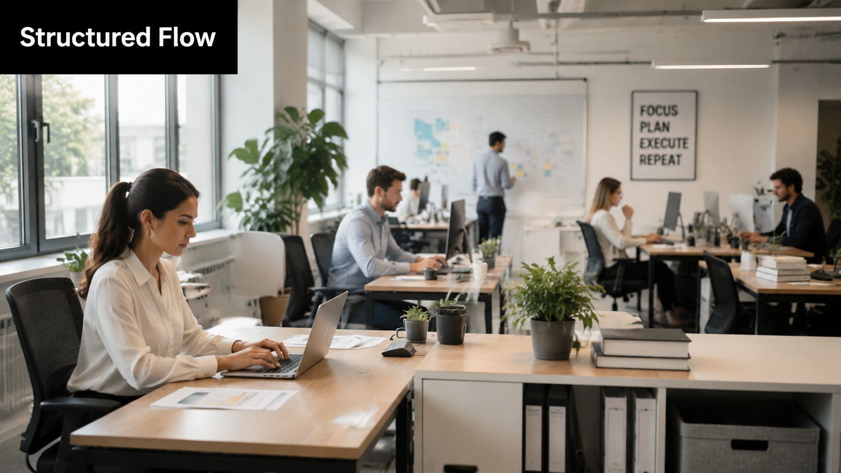 A professional team working collaboratively in a modern, brightly lit office environment at their desks.