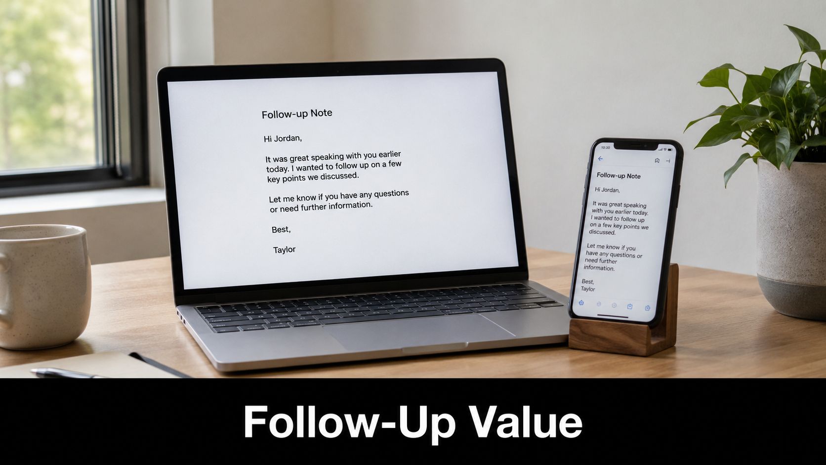 A laptop and smartphone on a wooden desk displaying a professional follow-up email draft.