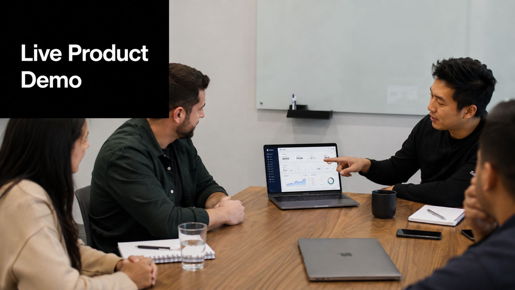 A professional team discussing business metrics during a live product demo session in a modern office meeting room.