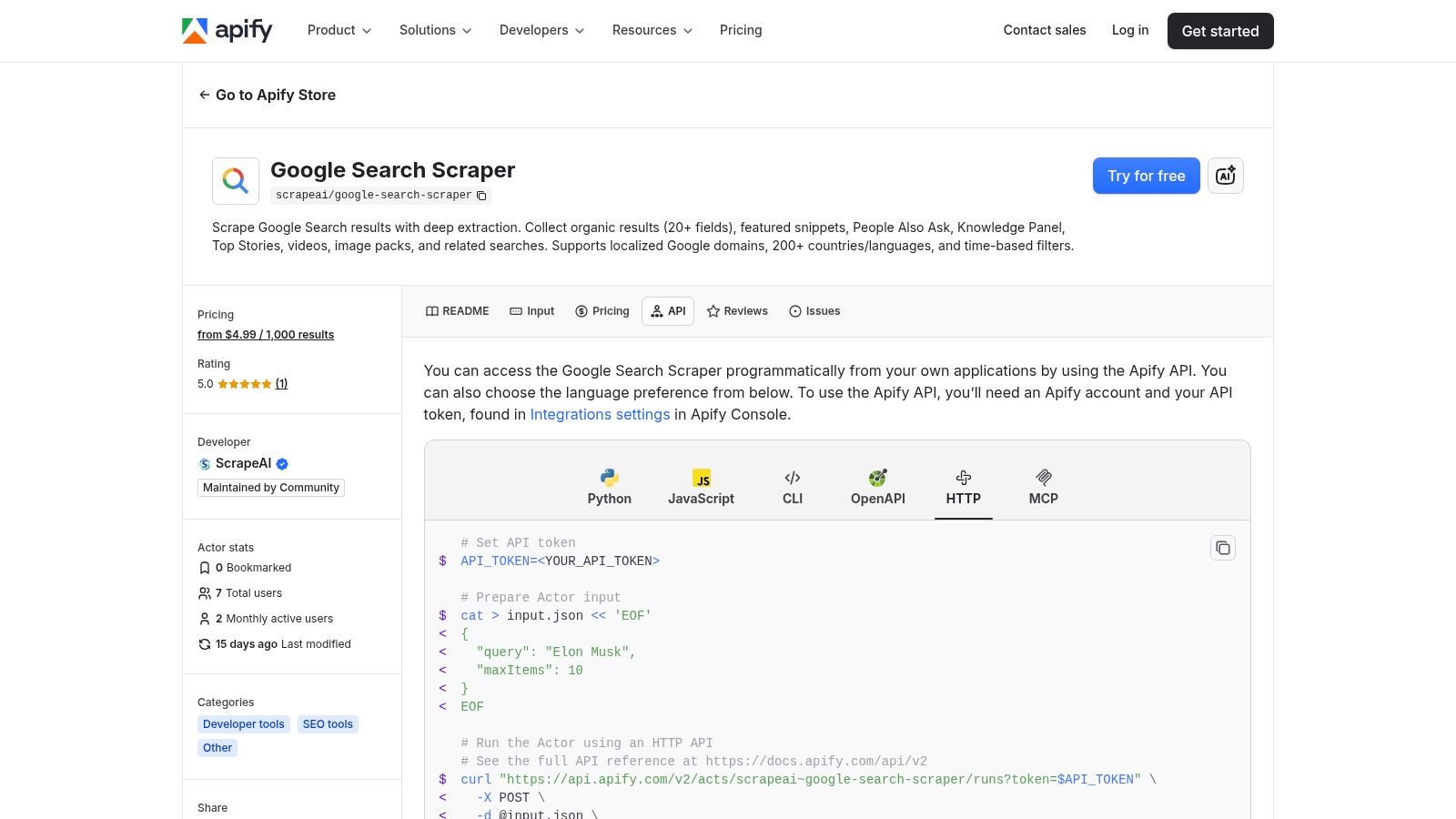Apify, Google Search Scraper (API via Actors)