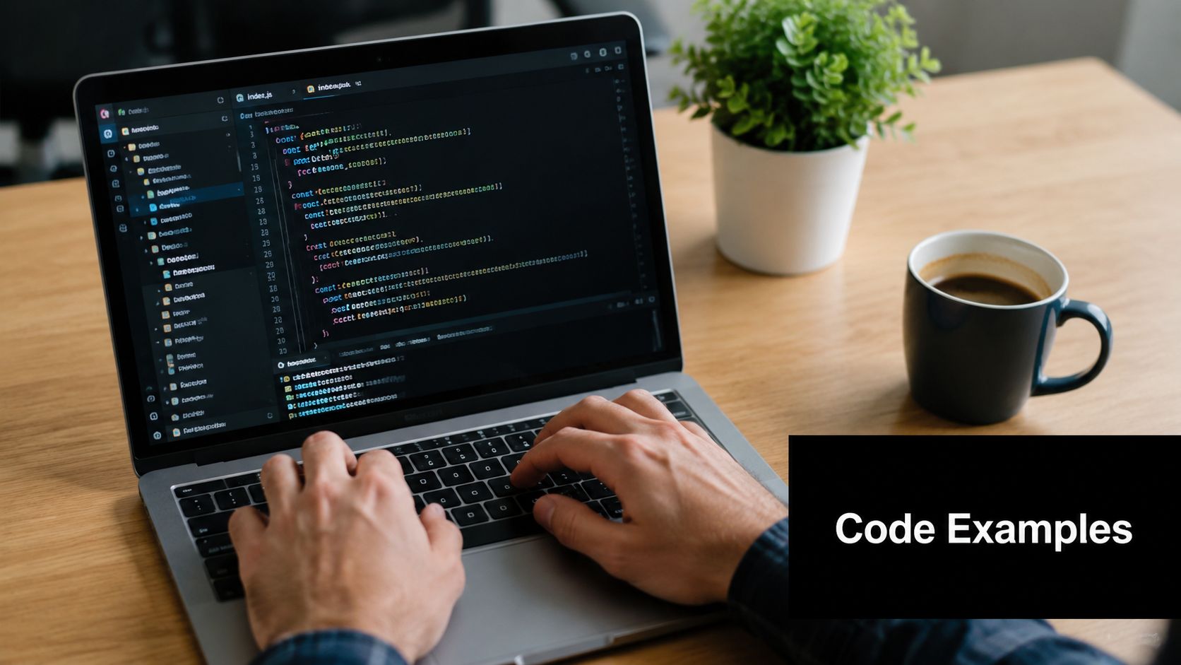 A person writing code on a laptop screen displaying a software development environment on a desk.