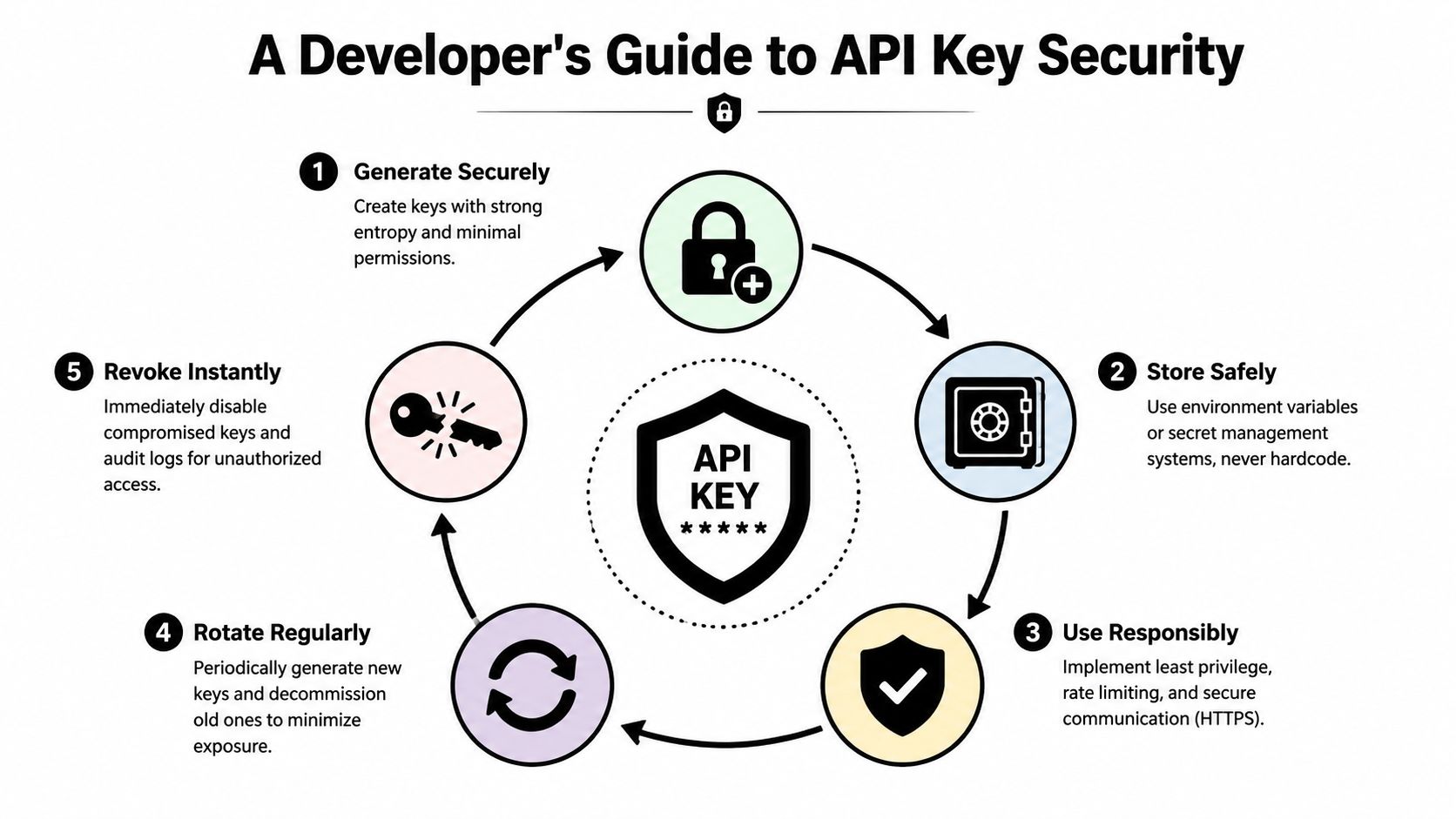 A circular infographic outlining five key security steps for developers to protect their API keys effectively.