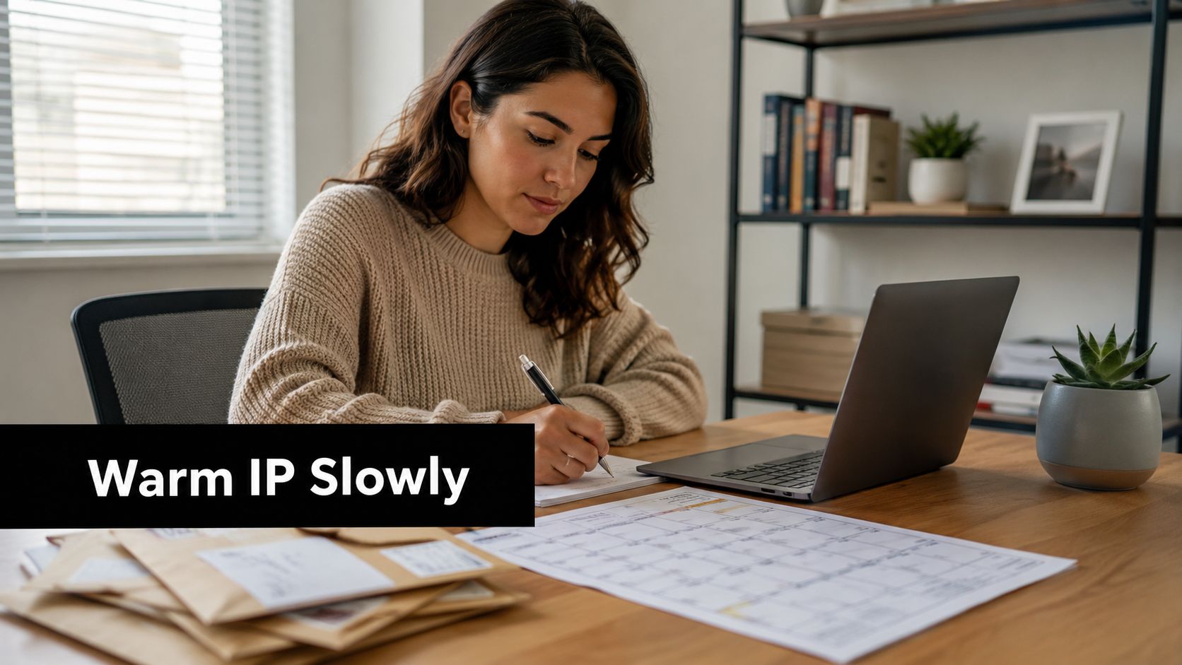 A woman working at a desk writing on a calendar with a laptop and mail, emphasizing warm IP slowly.