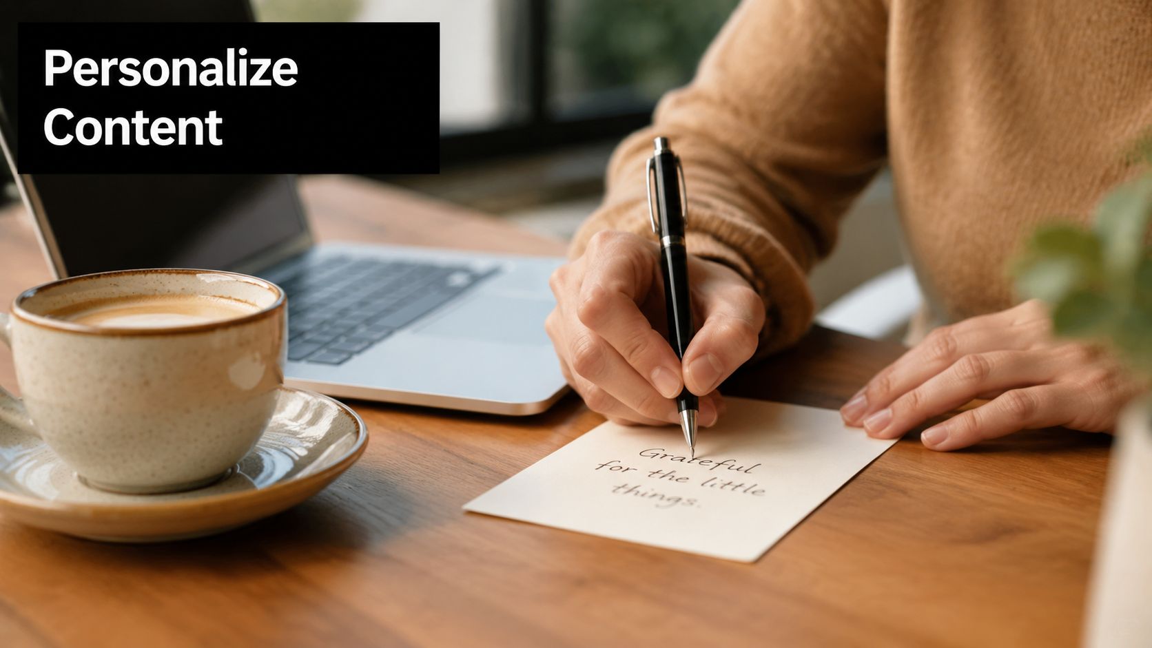 A person writing the words Grateful for the little things on a piece of paper near a laptop.