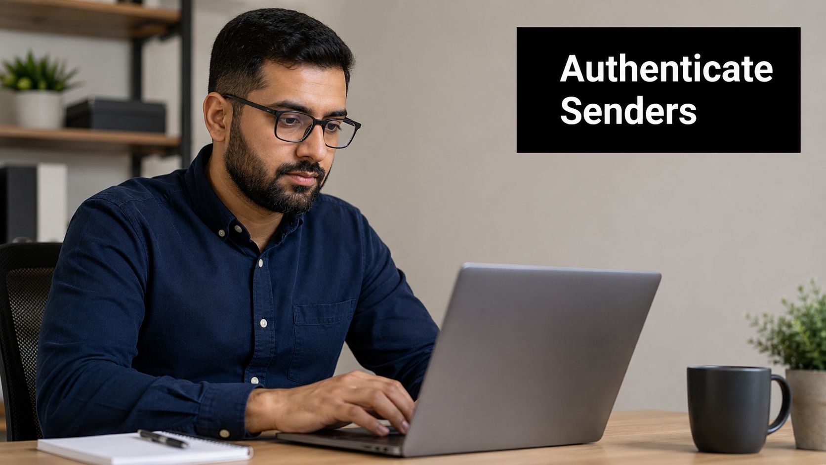 A professional man with a beard and glasses using a laptop to manage email authentication practices.