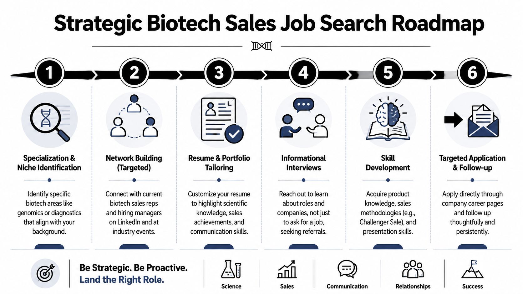 A six-step strategic roadmap infographic for finding and securing a professional job in biotechnology sales.