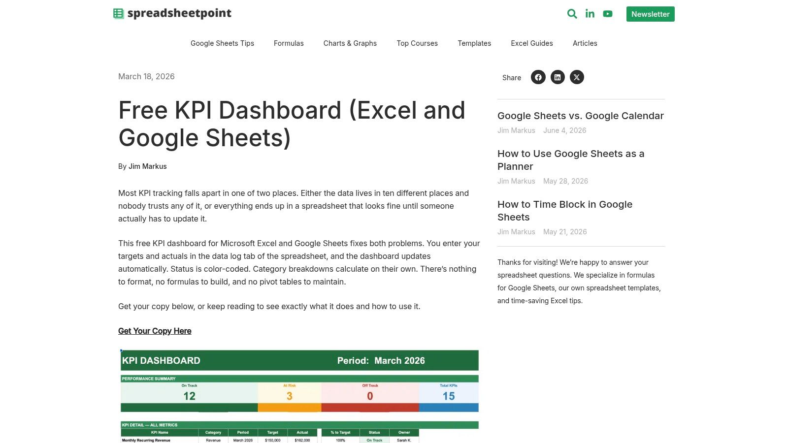 SpreadsheetPoint Free KPI Dashboard (Excel & Google Sheets)